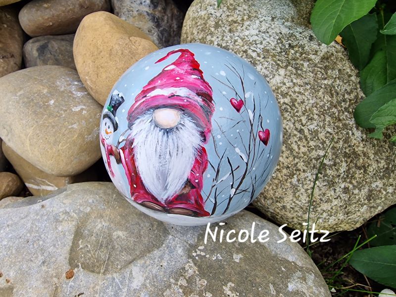 Terrakotta-Kugel * Wichtel * handbemalt * 12 cm * Schneemann Winter Schnee Herz